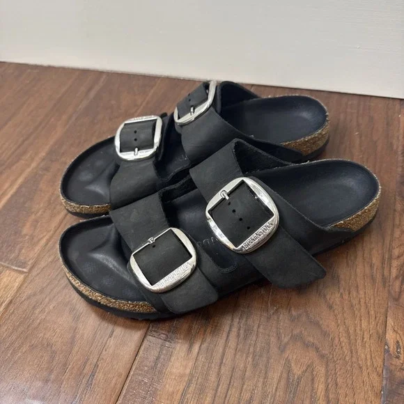 Birkenstock Arizona Big Buckle Sandal Womens US 10 41 Black Silver Oiled Leather - Picture 2 of 10